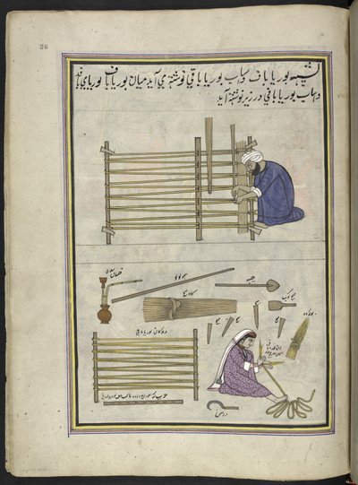 Fabricant de nattes et sa femme fabriquant des nattes en roseaux fendus, 86 dessins reliés en un volume représentant des métiers et occupations au Cachemire, Artiste du Cachemire, probablement à Srinagar, c.1850-60 - Indian School