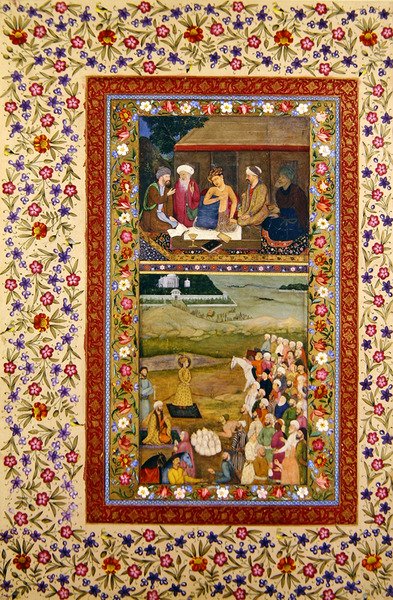 Jeune homme avec ses professeurs et Paiement du tribut à un souverain, miniatures d