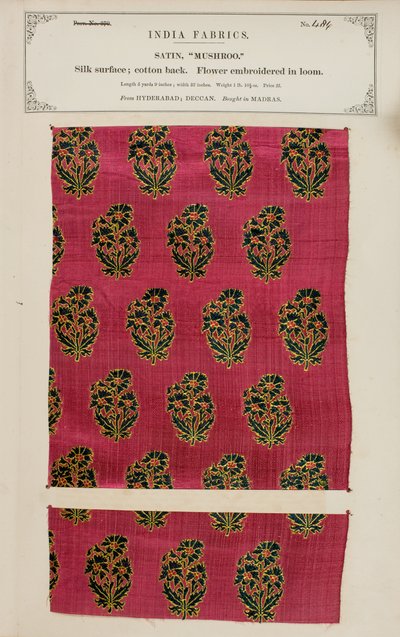 Échantillon de satin Mushroo de Hyderabad au Deccan, de The Collection of the Textile Manufacturers of India, par John Forbes Watson, publié en 1866 - Indian School