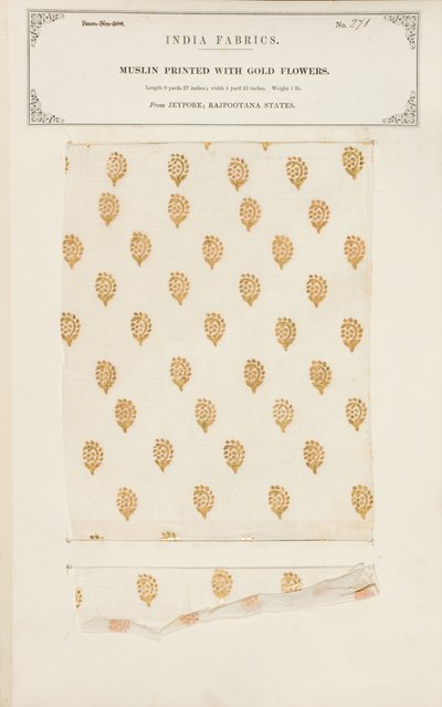 Échantillon de mousseline imprimée de fleurs dorées de Jeypore dans les États du Rajpootana, de The Collection of the Textile Manufacturers of India, par John Forbes Watson, publié en 1866 - Indian School