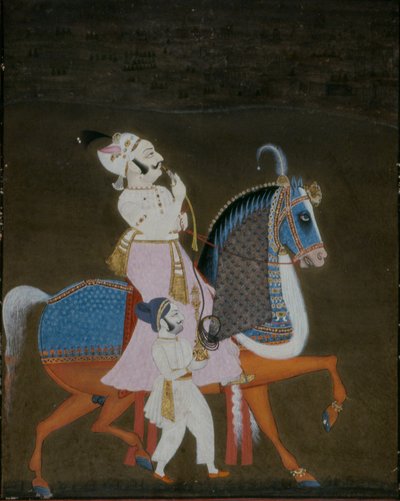 Noble de Mewar chevauchant Mrigarao avec un assistant à pied - Indian School