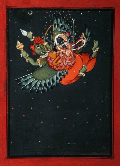 Sur les ailes de Garuda : Krishna et Satyabhama volent dans le ciel nocturne - Indian School
