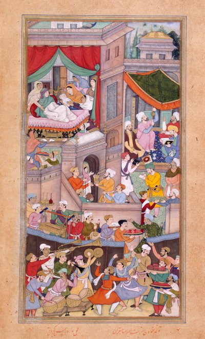Or. 12988, f.34v Astrologues établissant des horoscopes lors des célébrations pour la naissance de Timur (1336) par Surdas Gujarati - Indian School