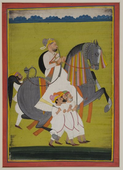 Portrait de Thakur Surtan Singh de Nimbaj, à cheval avec des assistants à pied - Indian School
