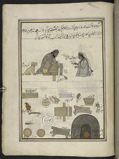 Fabricants de punkah, 86 dessins reliés en un volume représentant des métiers et occupations au Cachemire, des artisans montrés au travail avec leurs outils et équipements, par un artiste du Cachemire, probablement à Srinagar, c.1850-60 - Indian School