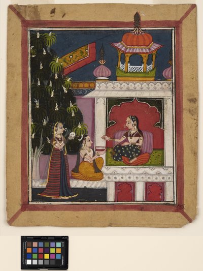 ? Raga : Un homme agenouillé offre un livre à une dame dans un pavillon, vers 1800 - Indian School