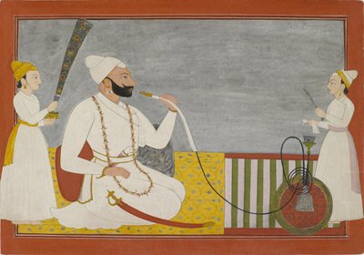 Raja Ajmat Dev de Mankot fumant une chicha, c.1730 - Indian School