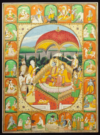 Rama et Sita sur le trône, vénérés par Shiva, Hanuman et d