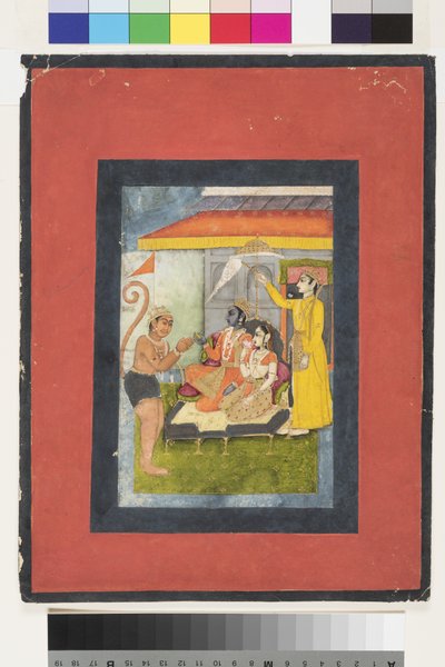 Rama et Sita sur le trône, adorés par Hanuman; Lakshmana tient un morchal - Indian School