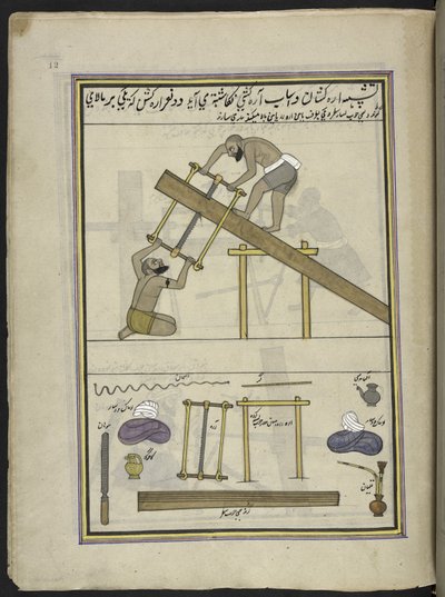 Scieurs, 86 dessins reliés en un volume représentant des métiers et occupations au Cachemire, Artiste du Cachemire, probablement à Srinagar, c.1850-60 - Indian School