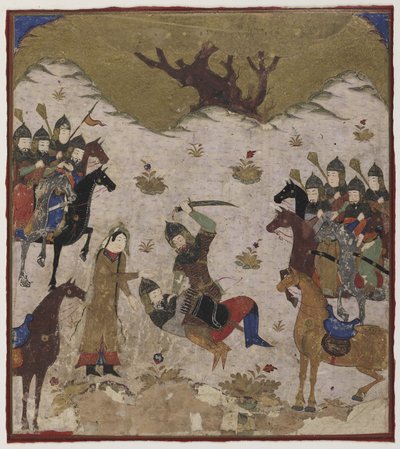 Shahru identifie Burzu comme le petit-fils de Rustam lors du combat final entre Rustam et Burzu, c.1425-50 - Indian School