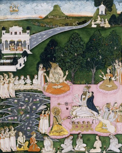 Shiva assis sur une peau de tigre, tenant Devi enveloppée dans un manteau, c.1760 - Indian School