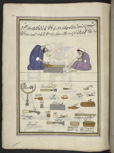 Cordonnier et sa femme fabriquant une pantoufle, 86 dessins reliés en un volume représentant des métiers et occupations au Cachemire, les artisans sont montrés au travail avec leurs outils et équipements, par un artiste du Cachemire, probablement à Srinaga - Indian School