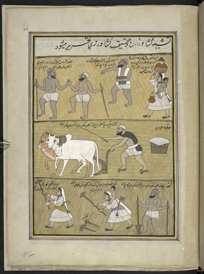 Semer du riz; labourer; casser des mottes, 86 dessins reliés en un volume représentant des métiers et occupations au Cachemire, des artisans montrés au travail avec leurs outils et équipements, par un artiste du Cachemire, probablement à Srinagar, c.1850-6 - Indian School