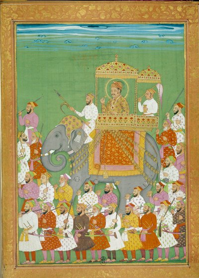 Le sultan Akbar chevauche un éléphant avec la cour de Shah Alem - Indian School