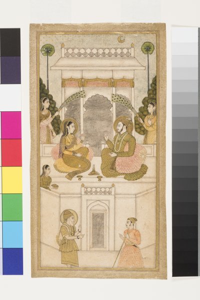 Le sultan de Golconde, Quli Qutb Shah, assis avec sa consort - Indian School