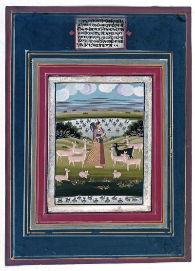 Todi ragini - Une dame jouant de la vina dans un paysage avec des animaux - Indian School