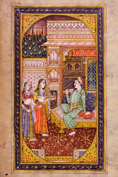 Deux servantes servent des rafraîchissements à un noble dans une pièce richement décorée, miniature rajasthani - Indian School