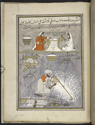 Deux femmes égrenant du coton; homme cardant du coton, 86 dessins reliés en un volume représentant des métiers et des occupations au Cachemire, les artisans sont montrés au travail avec leurs outils et équipements, par un artiste du Cachemire, probablement - Indian School