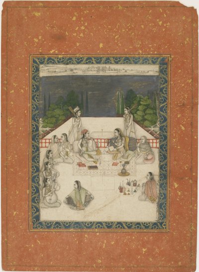 Deux femmes assises sur une terrasse, entourées de serviteurs et de musiciens, vers 1650 - Indian School