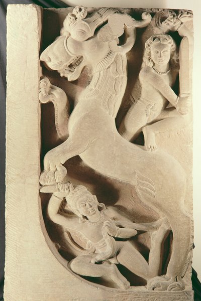 Guerriers combattant un lion-griffon - Indian School