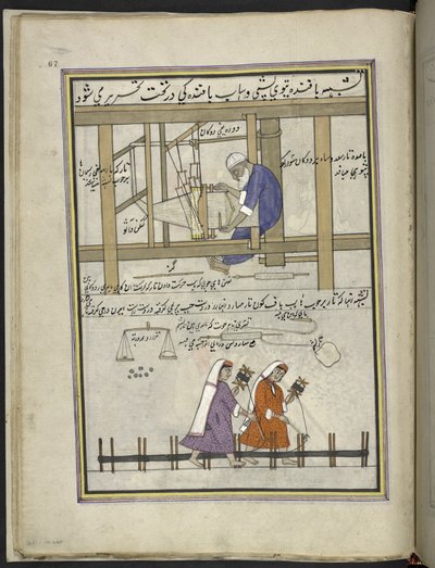 Tisserand à un métier fabriquant du tissu grossier (patu); femmes en train de tendre la chaîne, 86 dessins reliés en un volume représentant des métiers et occupations au Cachemire, Artiste du Cachemire, probablement à Srinagar - Indian School