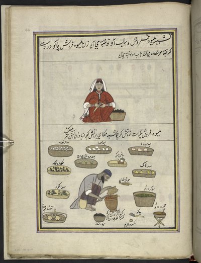 Femme vendeuse de fruits; homme grillant du maïs, 86 dessins reliés en un volume représentant des métiers et des occupations au Cachemire, les artisans sont montrés au travail avec leurs outils et équipements, par un artiste du Cachemire, probablement à Sr - Indian School