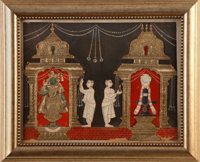 Adoration de Vishnu et Shiva sous la forme de Shivalingam, école de Tanjavore, fin du XIXe siècle - Indian School