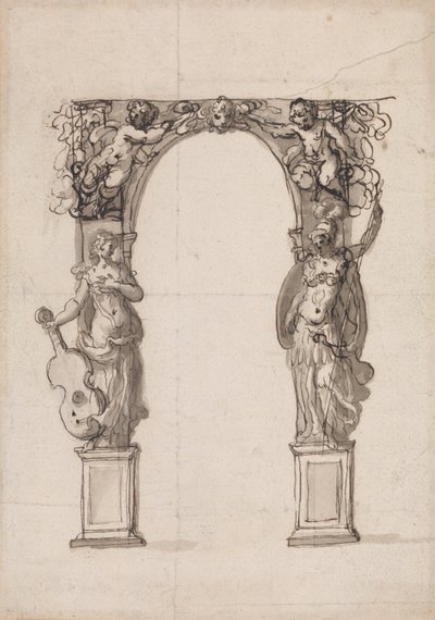 Conception pour une arche temporaire ornée de putti et de figures allégoriques de la musique et de la guerre - Inigo Jones
