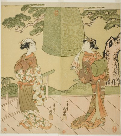 Les acteurs Ichimura Uzaemon IX en tant que Shume no Hangan Morihisa (à droite), et Sanogawa Ichimatsu II en tant que Chujo (à gauche), dans la pièce Edo no Hana Wakayagi Soga, jouée au théâtre Ichimura en février 1769 - Ippitsusai Bunchō