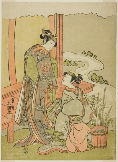 Les acteurs Nakamura Tomijuro I en Enju déguisé en Shirbyoshi Gio (à droite), et Nakamura Noshio I en Goo déguisé en Hotoke Gozen (à gauche), dans la pièce Miyako-zome Gio Katsugi, jouée au théâtre Morita en novembre 1770 - Ippitsusai Bunchō