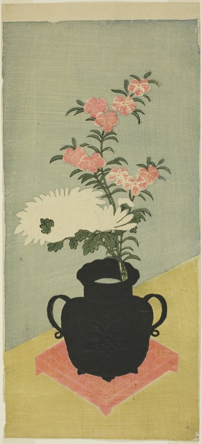 Chrysanthèmes blancs et œillets dans un vase noir - Ippitsusai Bunchō