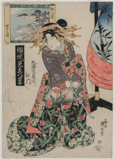 La courtisane Emon de Maruebiya avec une vue de la baie de Tago, vers fin des années 1820 ou début des années 1830 - Ipposai Kuniyasu