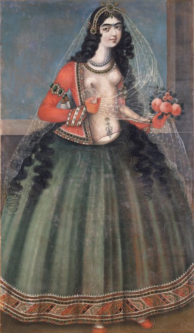 Femme tenant un bouquet de roses, milieu du 19e siècle - Iranian Master