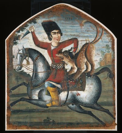 Chasseur à cheval attaqué par une bête mythique - Iranian School