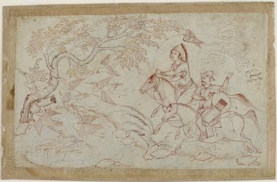Deux cavaliers chassant avec un faucon, années 1640 - Iranian School