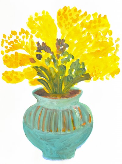 Fleurs jaunes dans un vase bleu sarcelle - Iria Fernandez