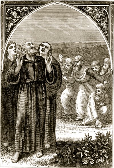 Saint Columba chantant, et attaqué par les druides, de The Trias Thaumaturga, ou Trois Saints Thaumaturges d