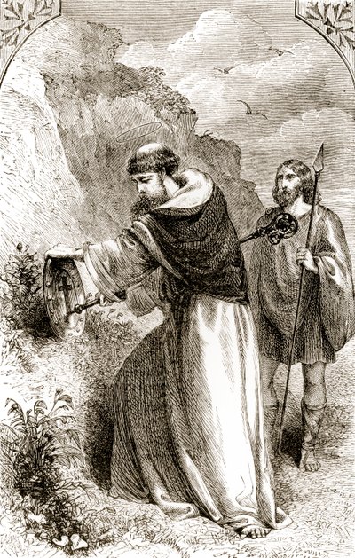 Saint Patrick marquant le bouclier de Connal avec la Croix, de The Trias Thaumaturga, ou Trois Saints Faiseurs de Miracles d