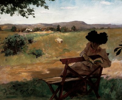 Femme assise sur un banc lisant - Irving Ramsay Wiles