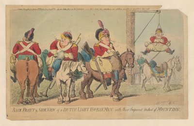Méthode améliorée de la cavalerie légère néerlandaise pour monter à cheval Back front & side view of a Dutch light horse-man, with their improved method of mounting - Isaac Cruikshank (signed by artist)