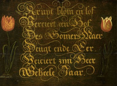 Maxime calligraphique, encadrée de tulipes - Isaac Hondius