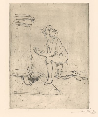 Modèle agenouillé devant un poêle - Isaac Israels (signed by artist)