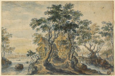 Paysage fluvial avec maison sur une île rocheuse - Isaac Major