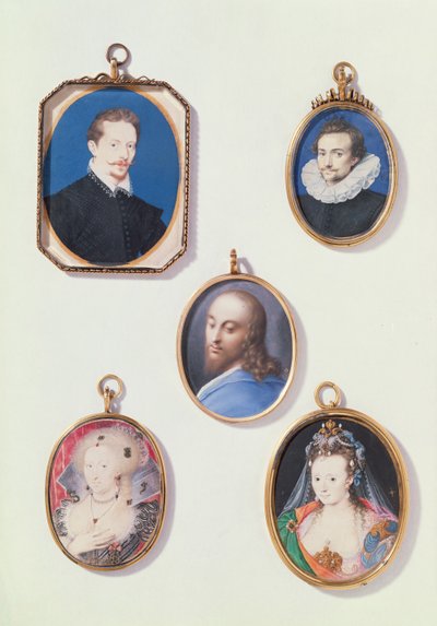 Miniatures. de G à D, de H à B : Sir Arundel Talbot ; Homme Inconnu ; Tête du Christ ; Anne de Danemark (1574-1619) ; Dame en Costume de Masque - Isaac Oliver