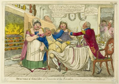 Beauties of Grease [modifié en] Greece - or - Luxuries of the Kremlin. Vide Brighton Vagaries. Une fête dans la cuisine. - Isaac Robert Cruikshank