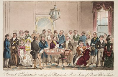 Bernard Blackmantle lisant sa pièce dans la salle verte du Covent Garden Theatre, de The English Spy, pub. 1824 - Isaac Robert Cruikshank