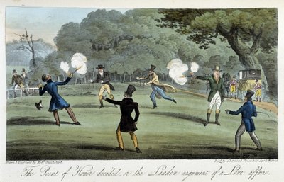 Duel au pistolet pour une affaire de cœur - dans « The English Spy » par Charles Molloy Westmacott, ill. par Robert Cruikshank, Londres - Isaac Robert Cruikshank