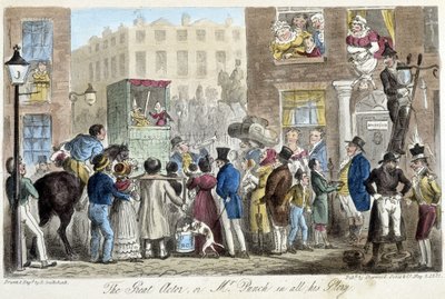 Guignol dans les rues de Londres - dans « The English spy » par C. Molloy Westmacott, ill. par Robert Gruikshand, Sherwood, Londres - Isaac Robert Cruikshank
