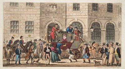 Le bureau de poste de Bristol, arrivée du courrier de Londres, de The English Spy, publié à Londres, 1824 - Isaac Robert Cruikshank